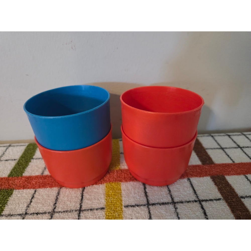 Vintage Tupperware Bell Tumblers Set of 4 Red Blue Stackable Plastic Cups 229-31